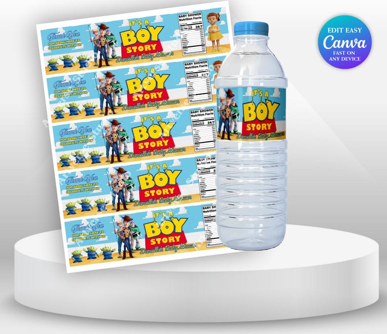 Cheerful Its a boy Baby Shower Toy Story Bottle label Mockup round white tray on the table and label on the tray Includes Clouds Motifs featuring Toy Story Characters Perfect for Kids Party. Editable Canva Temple.