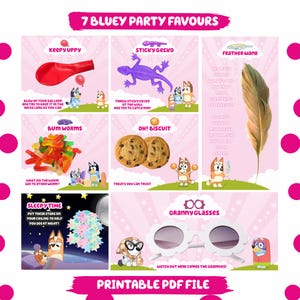 7 Pink Party Favor Printable Girl Birthday Treat Bundle Blue Dog Themed Party for Kids Party Favour Label Granny Glasses Girl Party Deco BF1