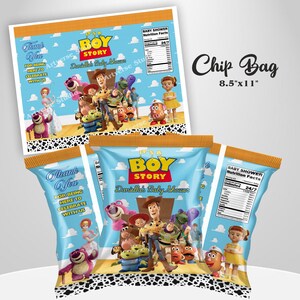 Cheerful It’s a Boy Toy Story Favor bundle Mockup Chip Bag on the round white table Includes Toy Story Motifs featuring Toy Story Characters Perfect for Kids Party. Editable Canva Temple.