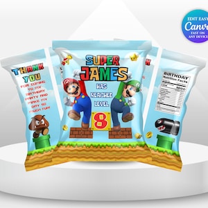 May include: Three light blue party favor bags with a Super Mario theme. The center bag features Mario and Luigi with the text "Super James Has Reached Level 8". The other bags have text that says "Thank You" and "Birthday Nutrition Facts".