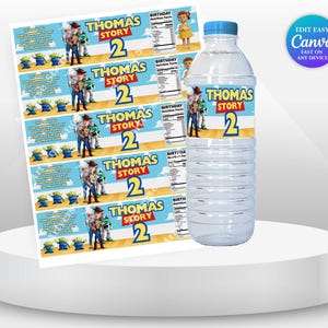 Cheerful Toy Story Birthday Bottle label Mockup round white tray on the table and label on the tray Includes Clouds Motifs featuring Toy Story Characters Perfect for Kids Party. Editable Canva Temple.