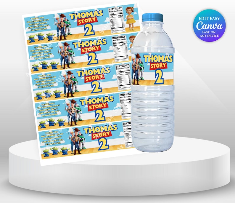 Cheerful Toy Story Birthday Bottle label Mockup round white tray on the table and label on the tray Includes Clouds Motifs featuring Toy Story Characters Perfect for Kids Party. Editable Canva Temple.