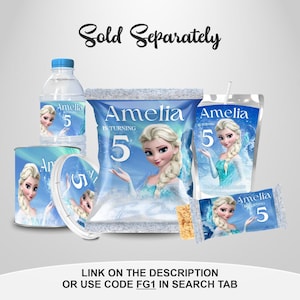 Cheerful Frozen Birthday Chip Bag, bundle Includes Capri sun, Chip Bag, Pringle Chips, Rice Krispies, Water Bottle Frozen featuring Frozen Characters Perfect for Kids Party. Editable Canva Temple.