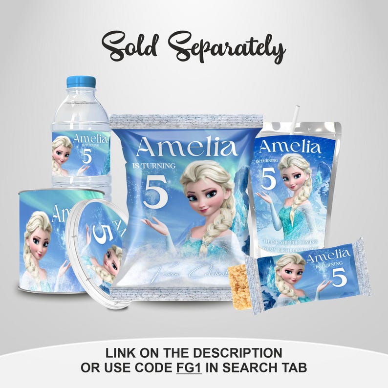 Cheerful Frozen Birthday Chip Bag, bundle Includes Capri sun, Chip Bag, Pringle Chips, Rice Krispies, Water Bottle Frozen featuring Frozen Characters Perfect for Kids Party. Editable Canva Temple.