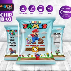 Mario Bros Birthday Chip Bag Label Mario theme Party Super Mario Invite Boy 4th Birthday Mario Party Favors Peach Birthday Mario luigi SM01