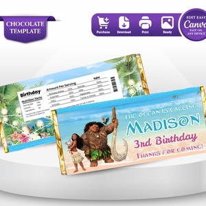 May include: Two chocolate bar wrappers with a tropical theme. One wrapper has a nutrition facts label and the word "Birthday". The other wrapper says "The Ocean is Calling" with the name "Madison" and "3rd Birthday".
