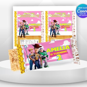 Cheerful Toy Story Birthday Rice Krispies Mockup round white tray on the table and label on the tray Includes Stars Motifs featuring Toy Story Characters Perfect for Kids Party. Editable Canva Temple.