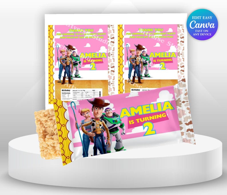 Cheerful Toy Story Birthday Rice Krispies Mockup round white tray on the table and label on the tray Includes Stars Motifs featuring Toy Story Characters Perfect for Kids Party. Editable Canva Temple.