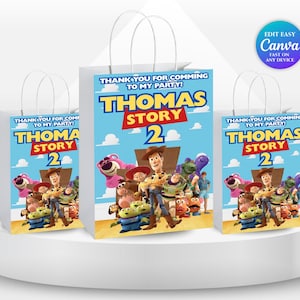 May include: Three white party favor bags with handles, each featuring a blue background with the text "THANK YOU FOR COMING TO MY PARTY!" and "THOMAS STORY 2". The bags display characters from the Toy Story movie.