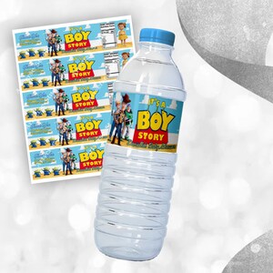Cheerful Its a boy Baby Shower Toy Story Bottle label Mockup Label on the starry floor Includes Clouds Motifs featuring Toy Story Characters Perfect for Kids Party. Editable Canva Temple.