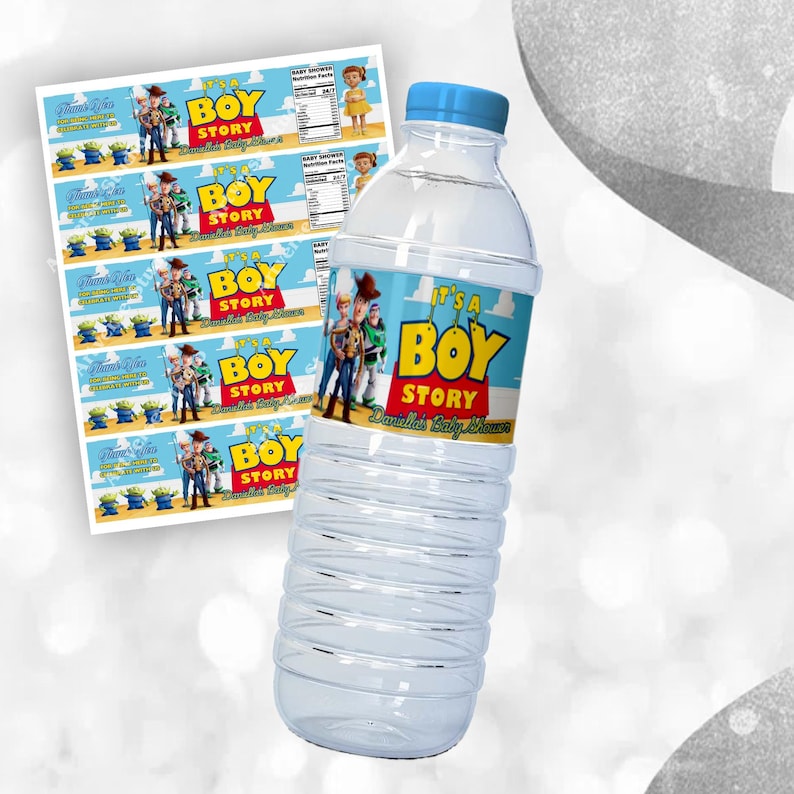 Cheerful Its a boy Baby Shower Toy Story Bottle label Mockup Label on the starry floor Includes Clouds Motifs featuring Toy Story Characters Perfect for Kids Party. Editable Canva Temple.