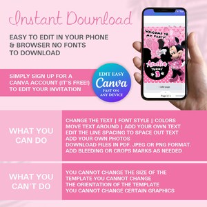 personalize your Minnie Banner with Canva. Edit in minutes using computer or mobile. Sign up for free in Canva to get started. You can change color, text, font, move and add text adjust spacing, Can,t change size, download your file in JPG, PDF, PNG.