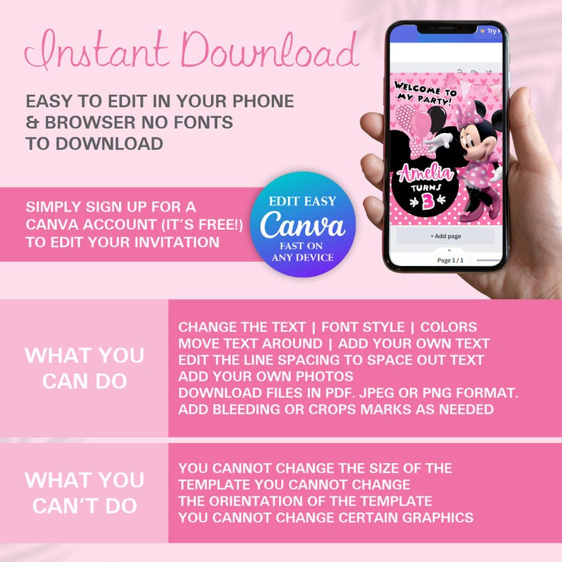 personalize your Minnie Banner with Canva. Edit in minutes using computer or mobile. Sign up for free in Canva to get started. You can change color, text, font, move and add text adjust spacing, Can,t change size, download your file in JPG, PDF, PNG.