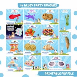 14 Blue Party Favor Printable Girl Birthday Treat Bundle Blue Dog Themed Party for Kid Party Favour Label Granny Glasses Girl Party Deco BF1