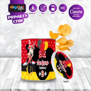 May include: A Pringles chip can featuring a Minnie Mouse design with the name "Andrew" and the number "3". The can is red with white polka dots, black, and yellow accents. The lid is also decorated with Minnie Mouse elements.