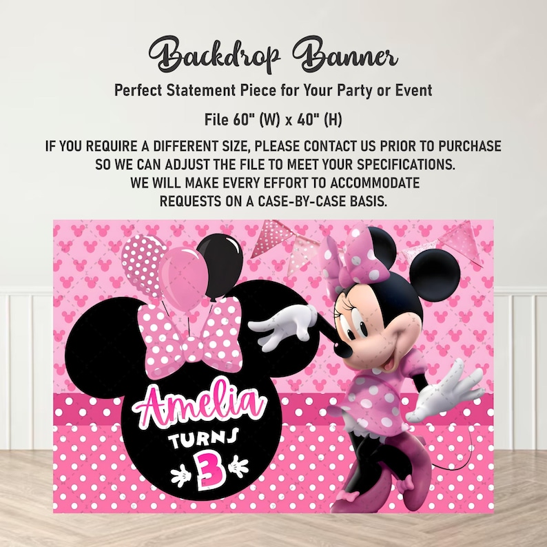 Cheerful Minnie Birthday Backdrop Size and customization Guide featuring Mickey Mouse Characters Perfect for Kids Party. Editable Canva Temple.