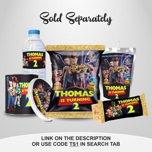 Cheerful Toy Story Birthday Bottle label, bundle Includes Capri sun, Chip Bag, Pringle Chips, Rice Krispies, Water Bottle Includes Stars Motifs featuring Toy Story Characters Perfect for Kids Party. Editable Canva Temple.