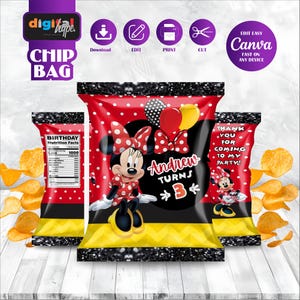Red Minnie Mouse Chip Bag Favor Mickey Anime Theme Birthday Favour Printable Label Daisy Duck Kids Gift Oh Twodles Party Decor Figaro MK04