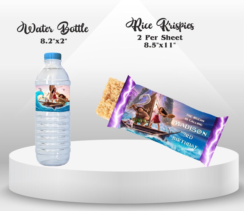 Cheerful Moana Mega Bundle Mockup Chip Bag and Capri Sun on the round white table Includes Clouds and Flowers Motifs featuring Moana Characters Perfect for Kids Party. Editable Canva Temple.