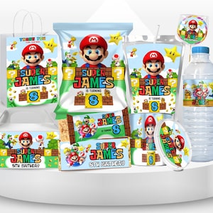 May include: A collection of party supplies featuring a Super Mario theme. Includes a gift bag, chip bag, juice pouch, water bottle, candy wrappers, and stickers. Each item has a Super Mario graphic and the text "Super James is turning 8".
