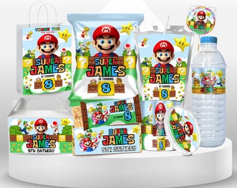 Mario Bros Party Mega Bundle Mario theme Party Super Mario Invite Boy 8th Birthday Mario Party Favor CapriSun Mario Chip Bag Mario Luigi SM1