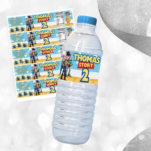 Cheerful Toy Story Birthday Bottle label Mockup Label on the starry floor Includes Clouds Motifs featuring Toy Story Characters Perfect for Kids Party. Editable Canva Temple.