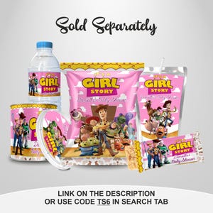 Cheerful Its a Girl Baby Shower Toy Story Treat Bag, bundle Includes Capri sun, Chip Bag, Pringle Chips, Rice Krispies, Water Bottle Includes Clouds Motifs featuring Toy Story Characters Perfect for Kids Party. Editable Canva Temple.