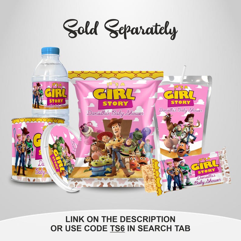Cheerful Its a Girl Baby Shower Toy Story Treat Bag, bundle Includes Capri sun, Chip Bag, Pringle Chips, Rice Krispies, Water Bottle Includes Clouds Motifs featuring Toy Story Characters Perfect for Kids Party. Editable Canva Temple.