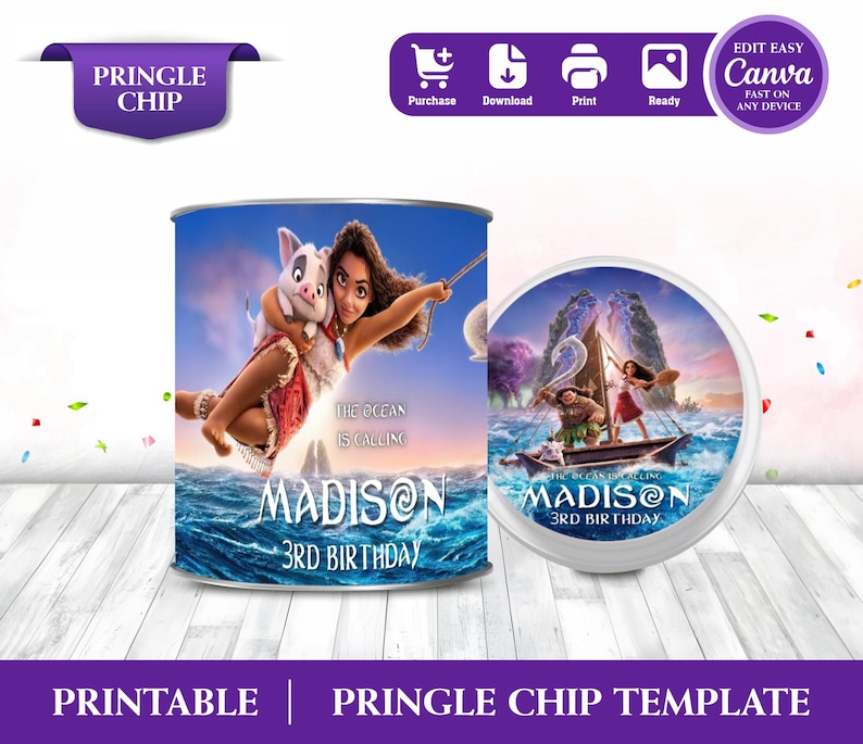 Cheerful Moana Birthday Label Pringle & Pringle Lid Mockup invite on the wooden table Includes Clouds and Flowers Motifs featuring Moana Characters Perfect for Kids Party. Editable Canva Temple.
