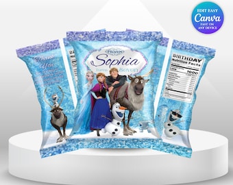 Etiqueta para bolsa de papas fritas de cumpleaños de Elsa, etiqueta de recuerdo para fiesta de cumpleaños de niña de Frozen, fiesta temática de Frozen, Anna, Frozen, princesa Elsa, fiesta Olaf FG2
