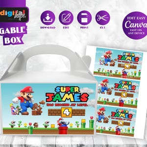 Mario Bros Birthday Gable Box Label Mario theme Party Super Mario Invite Boy 4th Birthday Mario Party Favors Peach Birthday Mario luigi SM01