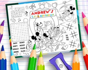 Hoja para colorear de Mickey Clubhouse, mantel individual, actividad de cumpleaños de Mickey, fiesta temática de anime para niños, imprimible, libro de actividades Oh Twodles, juego Daisy Duck MK