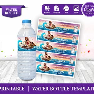 Cheerful Moana Birthday Label Bottle Mockup invite on the wooden table Includes Clouds and Flowers Motifs featuring Moana Characters Perfect for Kids Party. Editable Canva Temple.