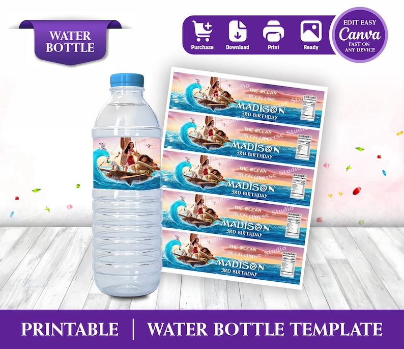 Cheerful Moana Birthday Label Bottle Mockup invite on the wooden table Includes Clouds and Flowers Motifs featuring Moana Characters Perfect for Kids Party. Editable Canva Temple.