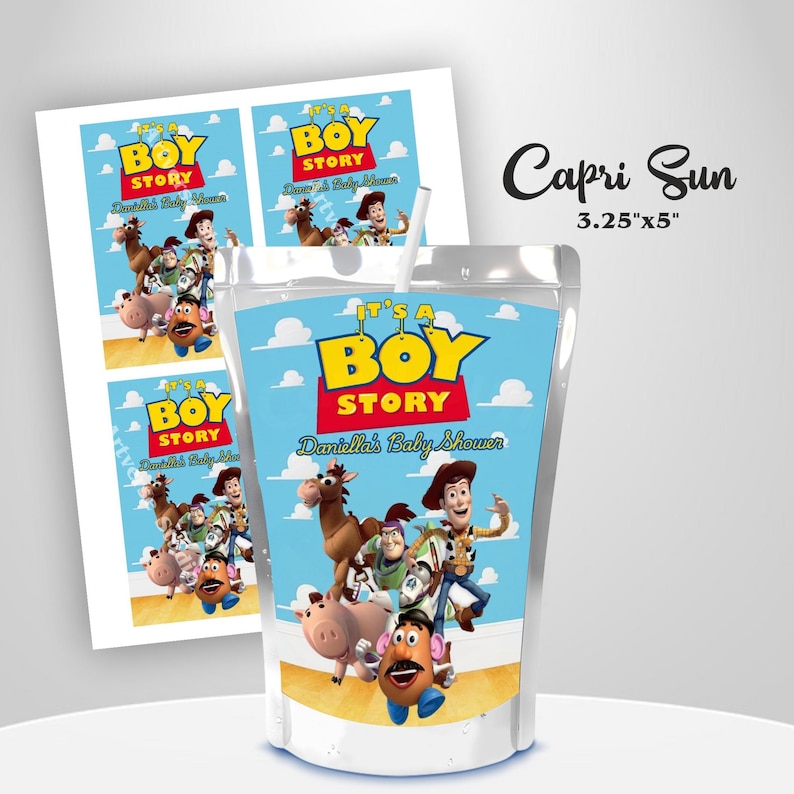 Cheerful It’s a Boy Toy Story Favor bundle Mockup Capri Sun on the round white table Includes Clouds Motifs featuring Toy Story Characters Perfect for Kids Party. Editable Canva Temple.