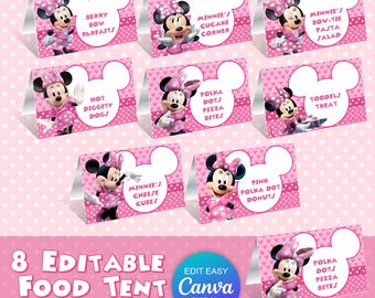 Etiqueta para comida de Minnie Mouse, tarjeta de lugar para cumpleaños con temática de anime de Mickey Mouse, decoración de mesa imprimible para fiestas infantiles de Daisy Duck, Oh Twodles MK05
