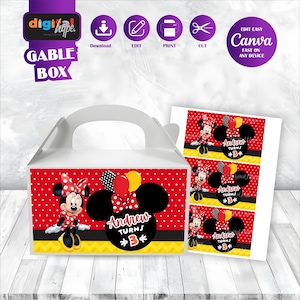 May include: A white gable box with a red polka dot design featuring Minnie Mouse. The box has a handle and a yellow and black chevron pattern. The design includes the text "Andrew Turns 3".