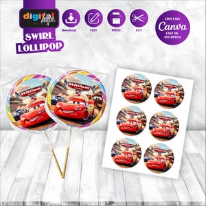 May include: Two round lollipop toppers featuring a red race car graphic with the text William is turning 5, alongside a sheet of six matching circular stickers. The design includes a colorful swirl border and a racing track background.