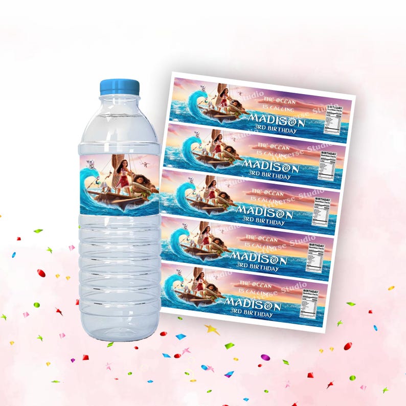 Princess Moana Water Bottle Favor Girl Theme Birthday Treat Label For Daughter Party Giveaway Tag Favour Printable Gift Digital Download MN2 image 3