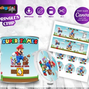 Mario Bros Birthday Pringles Label Mario theme Party Super Mario Invite Boy 4th Birthday Mario Party Favors Peach Birthday Mario luigi SM01