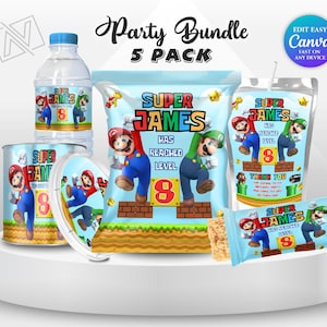 May include: A party bundle featuring a Super Mario theme, including a water bottle, a can, a round container, a chip bag, and a juice pouch. The design includes the text "Super James has reached level 8". The color scheme is blue, red, green, and yellow.