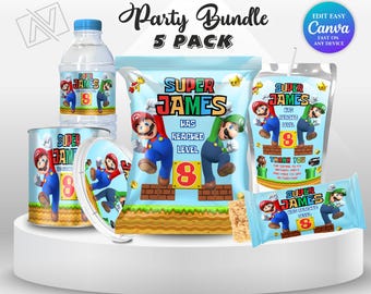 Mario Bros Party Bundle Mario theme Party Super Mario Invite Boy 8th Birthday Mario Party Favors Capri Sun Mario Chip Bag Mario Luigi SM7