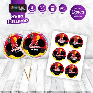 May include: Two swirl lollipops with a Minnie Mouse design, featuring red, black, yellow, and white colors. The lollipops have the text "Andrew Turns". Also, a sheet of matching stickers with the same design.