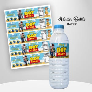 Cheerful It’s a Boy Toy Story Favor bundle Mockup Bottle Wrapper on the round white table Includes Clouds Motifs featuring Toy Story Characters Perfect for Kids Party. Editable Canva Temple.