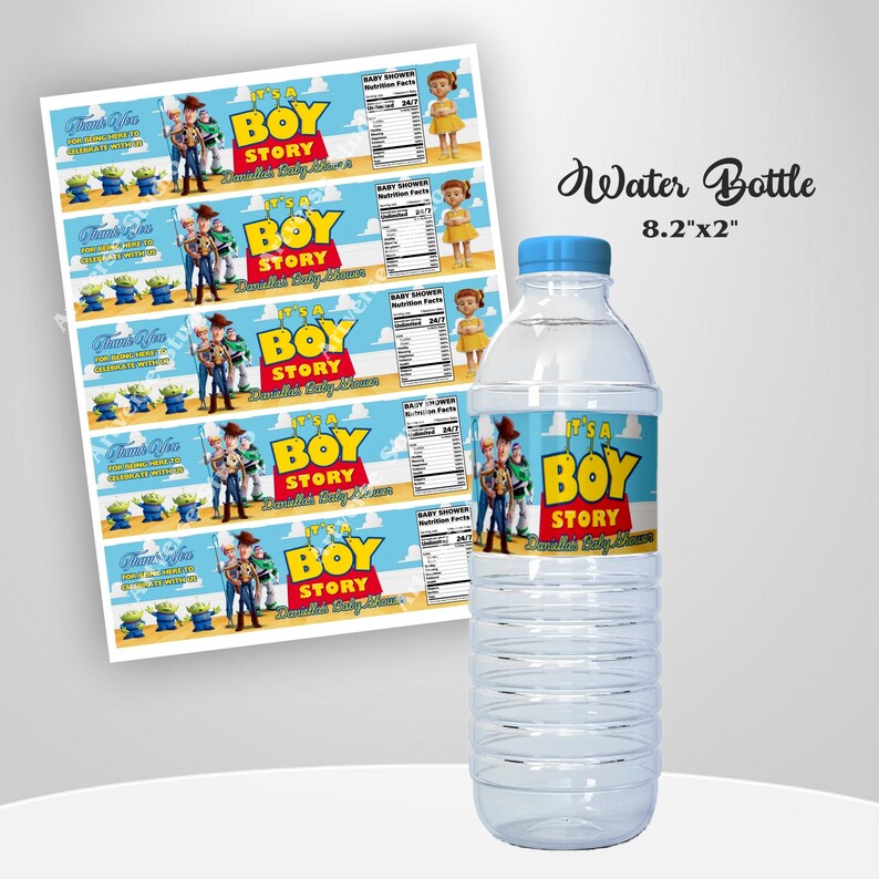 Cheerful It’s a Boy Toy Story Favor bundle Mockup Bottle Wrapper on the round white table Includes Clouds Motifs featuring Toy Story Characters Perfect for Kids Party. Editable Canva Temple.