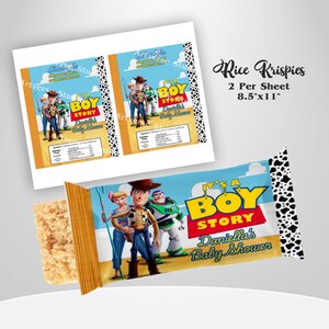 Cheerful It’s a Boy Toy Story Favor bundle Mockup Rice Krispies on the round white table Includes Clouds Motifs featuring Toy Story Characters Perfect for Kids Party. Editable Canva Temple.