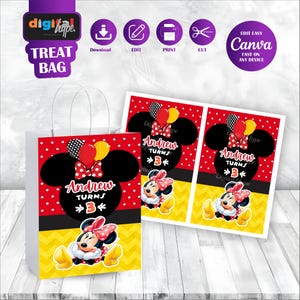 Red Minnie Mouse Treat Bag Favor Mickey Anime Theme Birthday Favours Printable Label Daisy Duck Kids Gift Oh Twodles Party Decor Figaro MK04