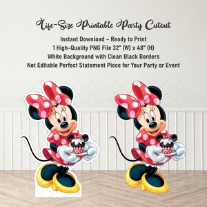 Cheerful Minnie Mouse Birthday Cutout Includes Mickey, Minnie, Donald and daisiy duck Mockup on the Wooden floor om the room and colorful balloon in the background featuring Mickey Mouse Characters Perfect for Kids Party. Editable Canva Temple.