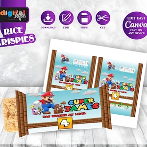 Mario Bros Birthday Rice krispies Label Mario theme Party Super Mario Invite Boy 4th Birthday Mario Party Favors Birthday Mario luigi SM01