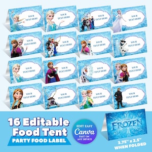 May include: Sixteen editable food tent cards featuring characters from the Disney movie Frozen. Each card has a blue icy background with a white oval for text. The cards are 3.75" x 2.5" when folded. The text "Your Text Here" is printed on each card.